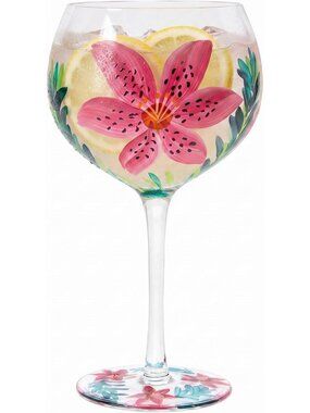 Hand Painted Lily Gin Glass, 600ml, Gift Boxed, Unique Home Decor, Pink